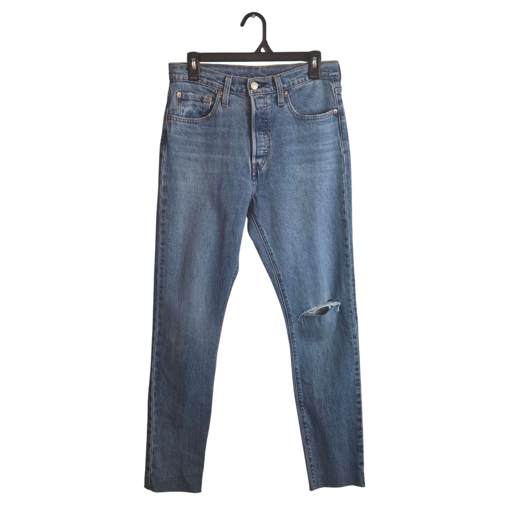 Levis 501‎ Straight Leg Jeans Womens 28 High Rise Distressed Medium Wash Denim